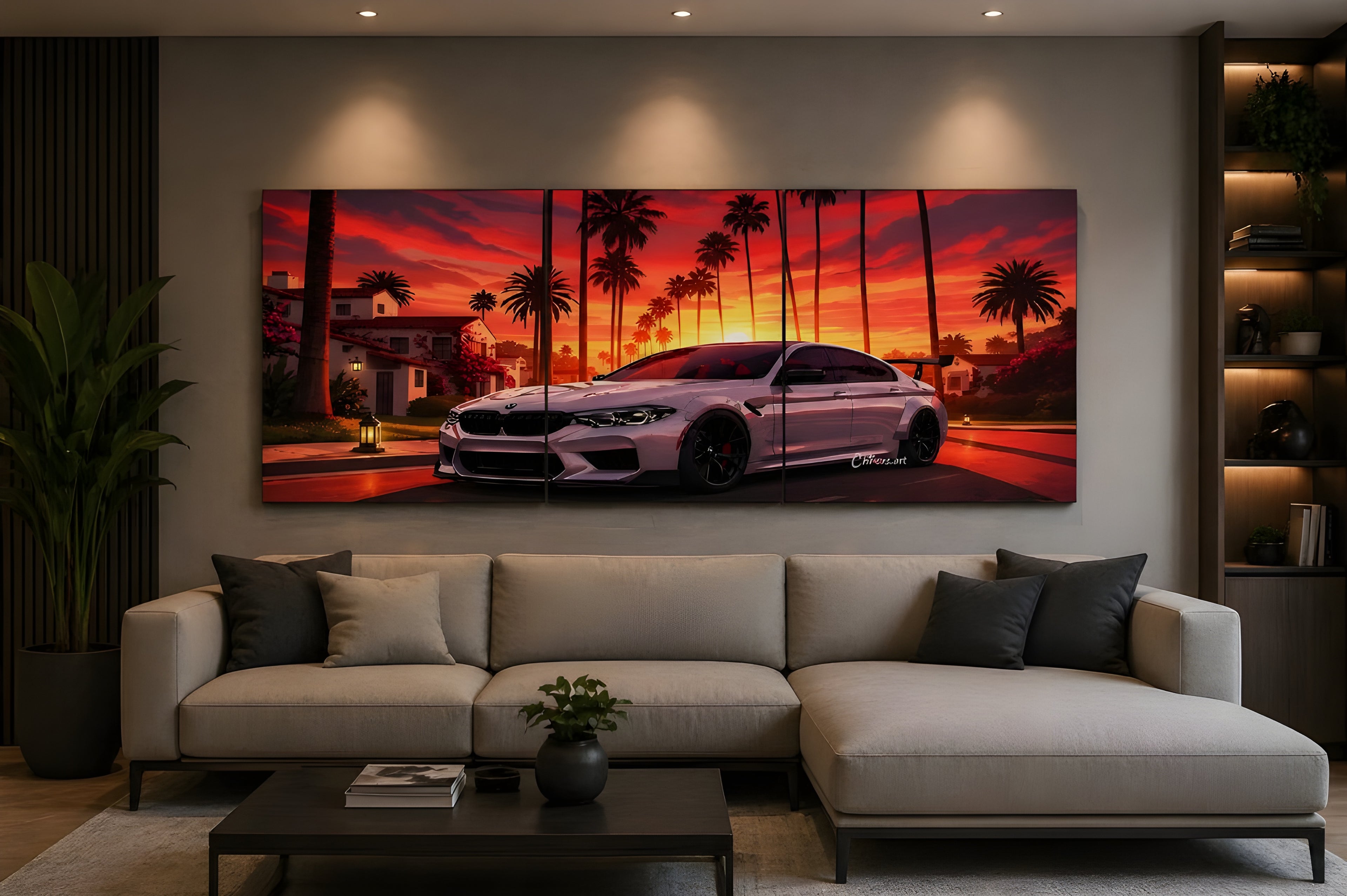 Premium Automotive Wall Art - Sunset Tropical Theme Car Poster - Split Panel