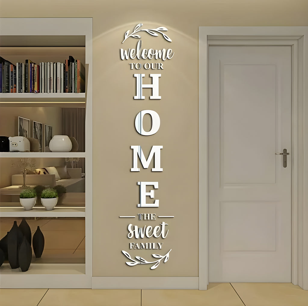 Modern DIY Mirror Wall Art - Vertical "Home Sweet Family" Entrance Decor