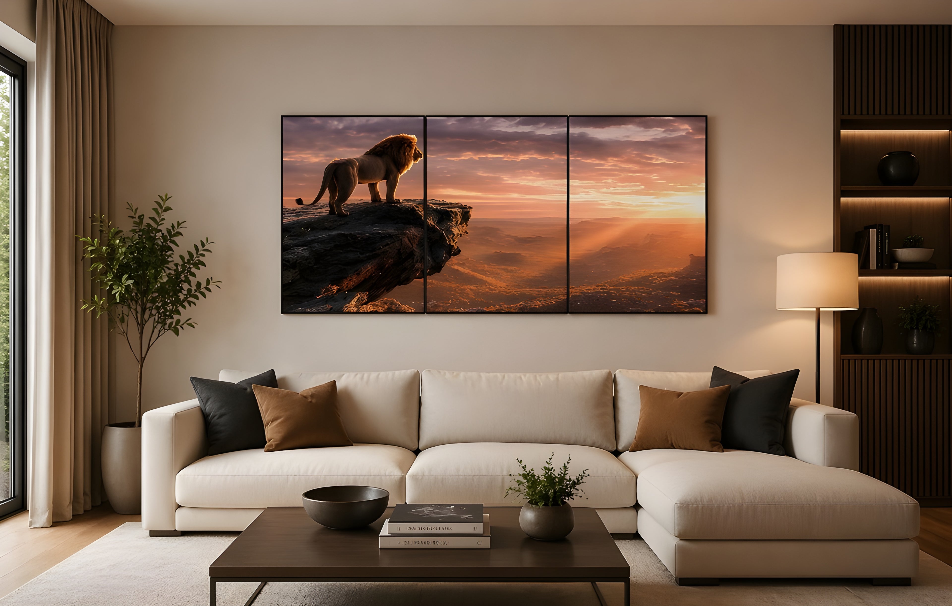 Luxury 3-Panel Framed Canvas – Cinematic Golden Hour Lion Landscape