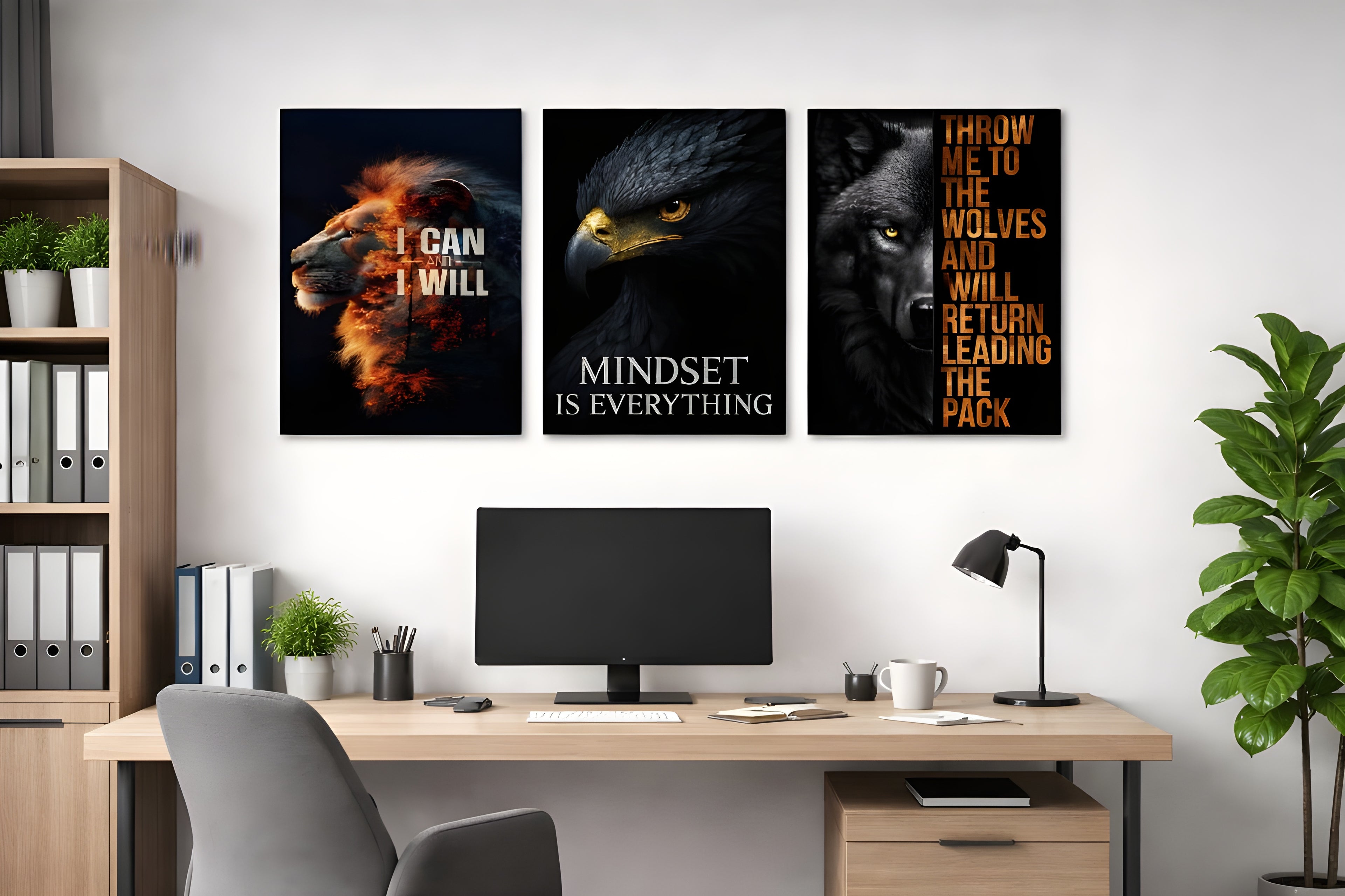 3-Piece Motivational Wall Art Set – Lion, Eagle, Wolf Themes