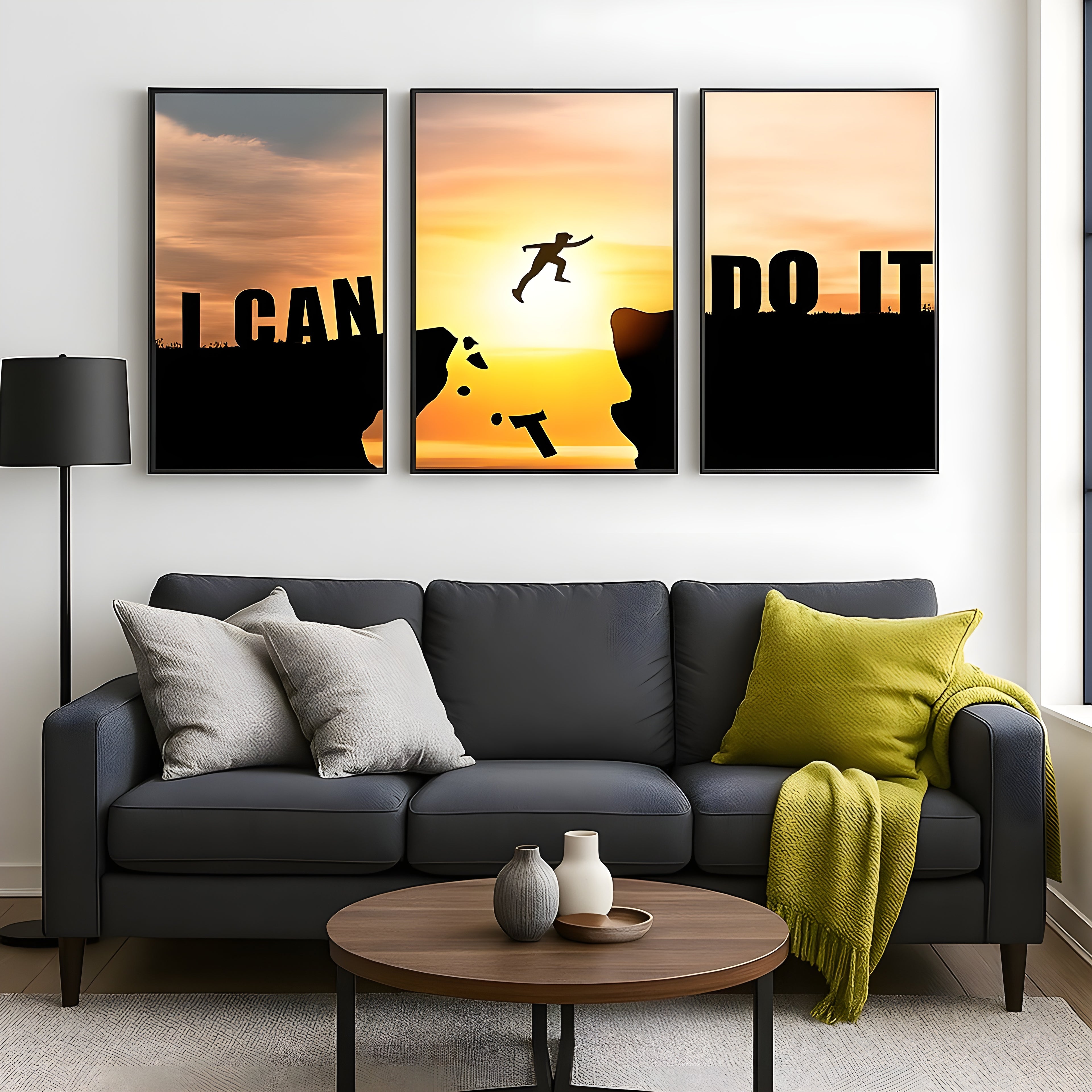 Luxury Triptych Motivational Canvas Set – Modern Sunset Silhouette Wall Decor