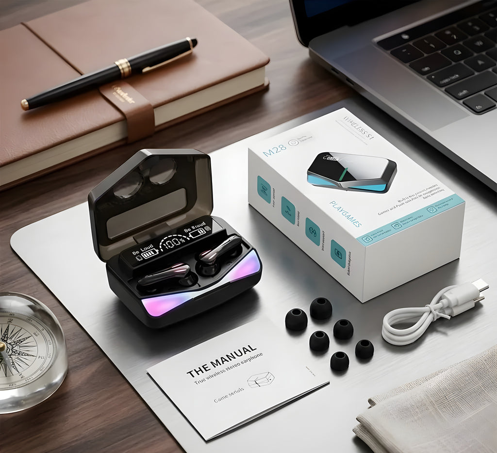 M28 Ultra Low-Latency Wireless Gaming Earbuds – Premium True Stereo Sound & LED Power Display Case