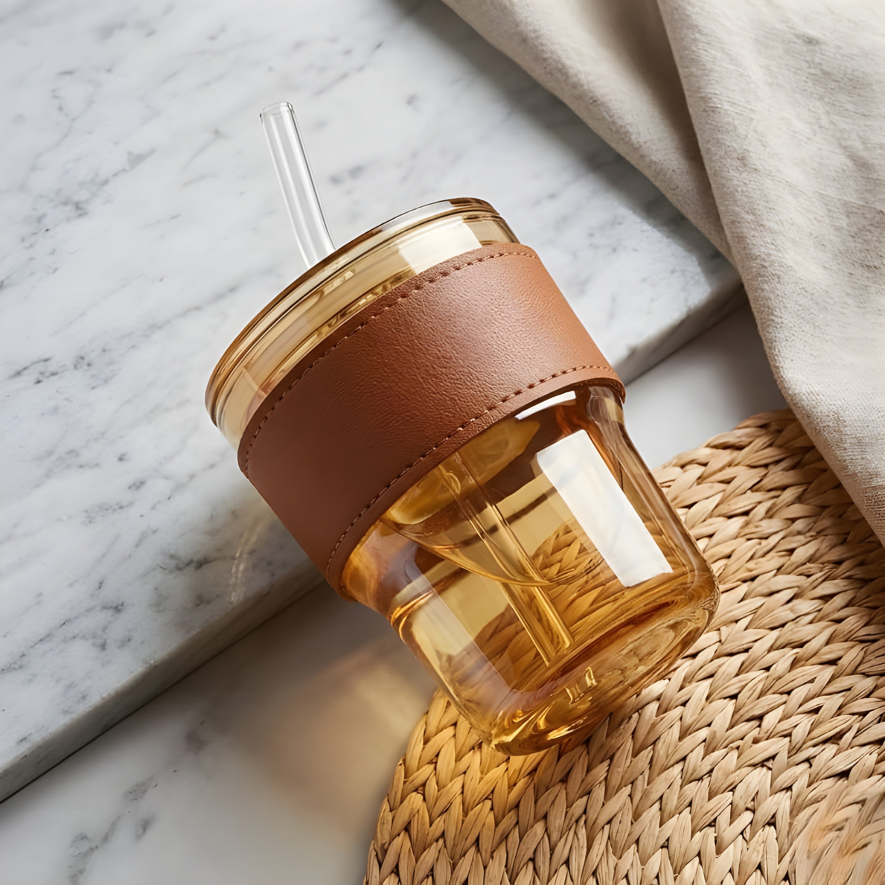 Trendy & Lifestyle Focused (High Conversion) Aesthetic Amber Glass Coffee Mug – Heat-Resistant Tumbler with Protective Leather Sleeve