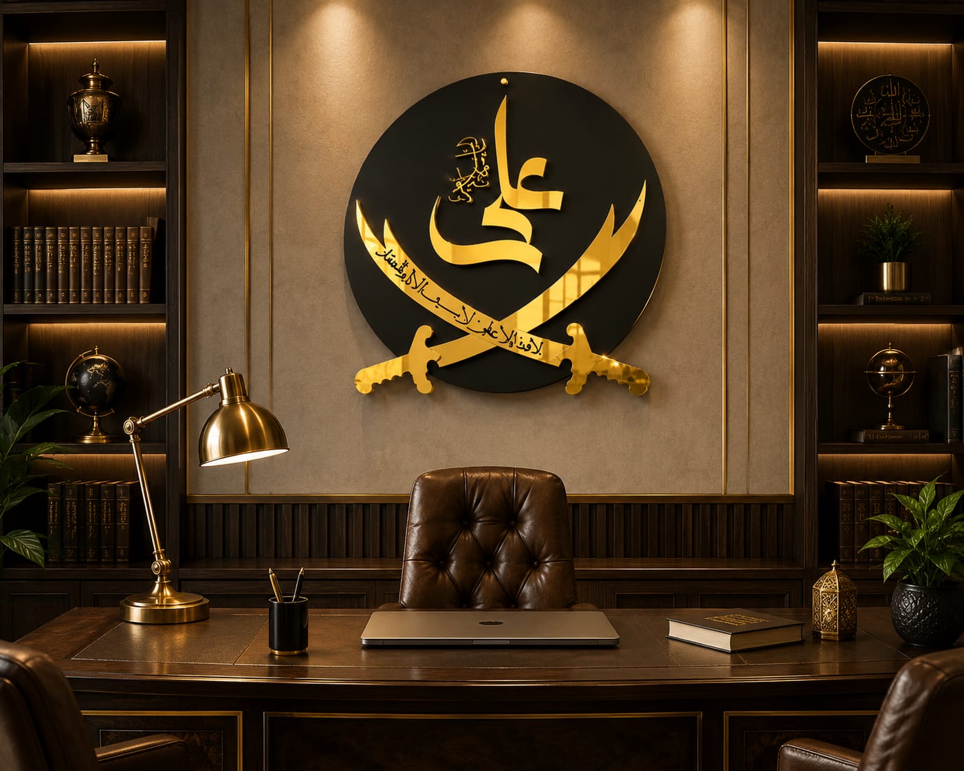 HABiTiX Zulfiqar Sword Calligraphy Emblem – Luxury Dark Cinematic Matte Black & Gold Office Wall Decor