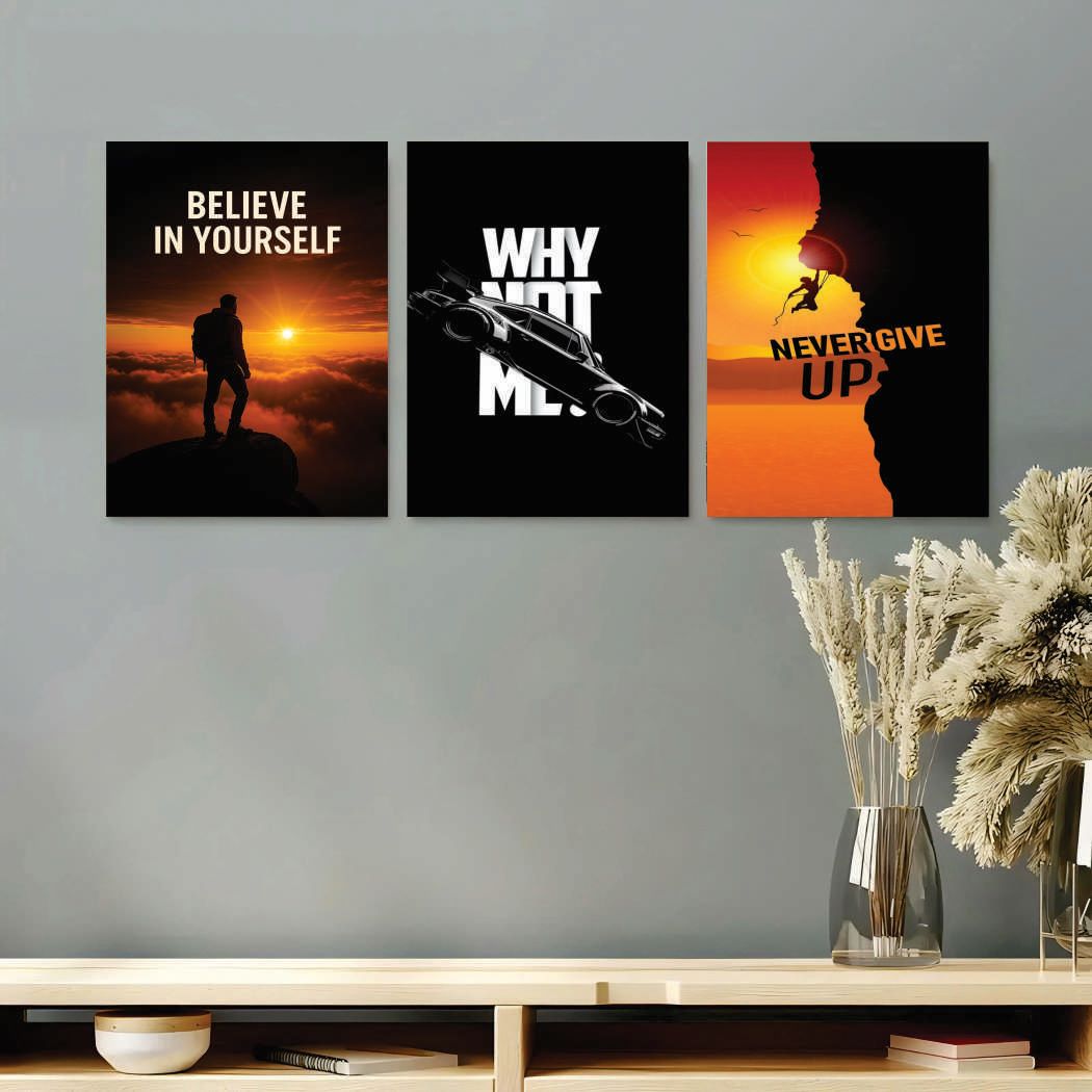 3-Piece Motivational Canvas Set – "Believe, Challenge, Persevere" Workspace Wall Art